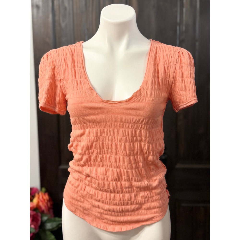 We The Free People‎ Coral Smocked Scoop Neck Short Sleeve Top Small